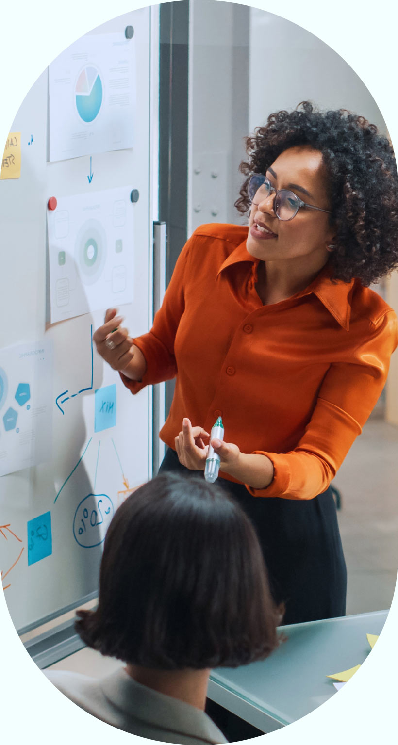 Woman presenting at whiteboard